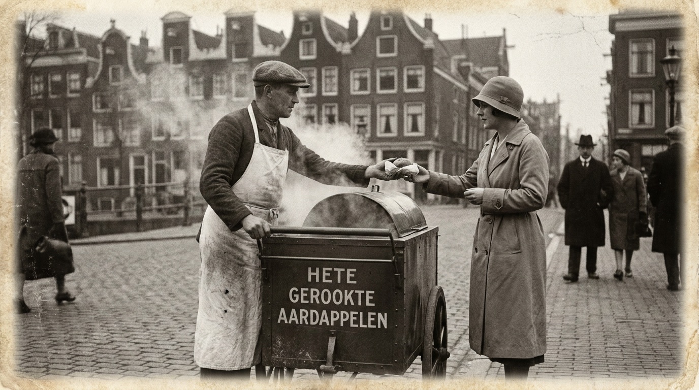 Straatverkoper overhandigt een hete gepofte aardappel aan een klant, foto in jaren twintig stijl