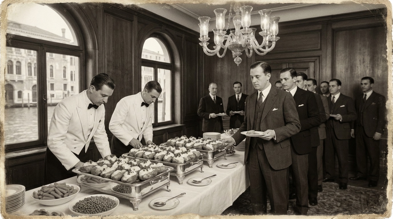 Zakelijk lunchbuffet met gevulde gepofte aardappelen, foto in jaren twintig stijl